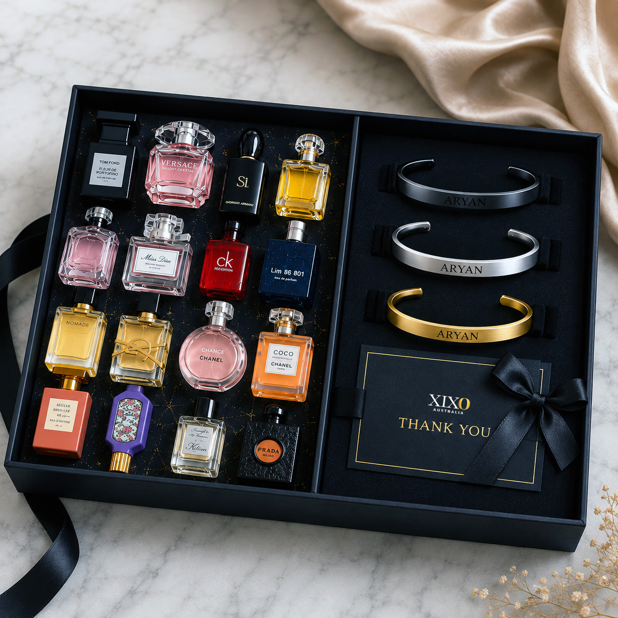 Personalised Cuff Bracelet & OG Perfume Miniature Gift Set