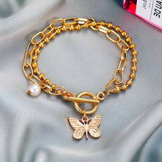 BUTTERFLY PENDANT LAYERED BRACELET